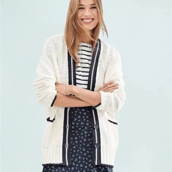 NWT LOFT Tipped Relaxed V-Neck Pocket Mid-Length Knit Cardigan Size Medium. 4 - Picture 1 of 10